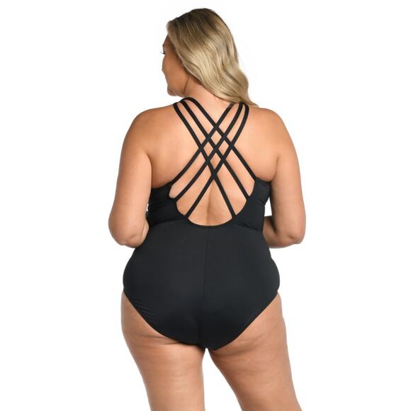 LA BLANCA Island Goddess One Piece Swimsuit 22W Black Multi-Strap Cross-Back - Picture 2 of 11